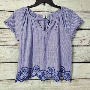 Susina Small Blue White Stripe SS Blouse Tie Neck